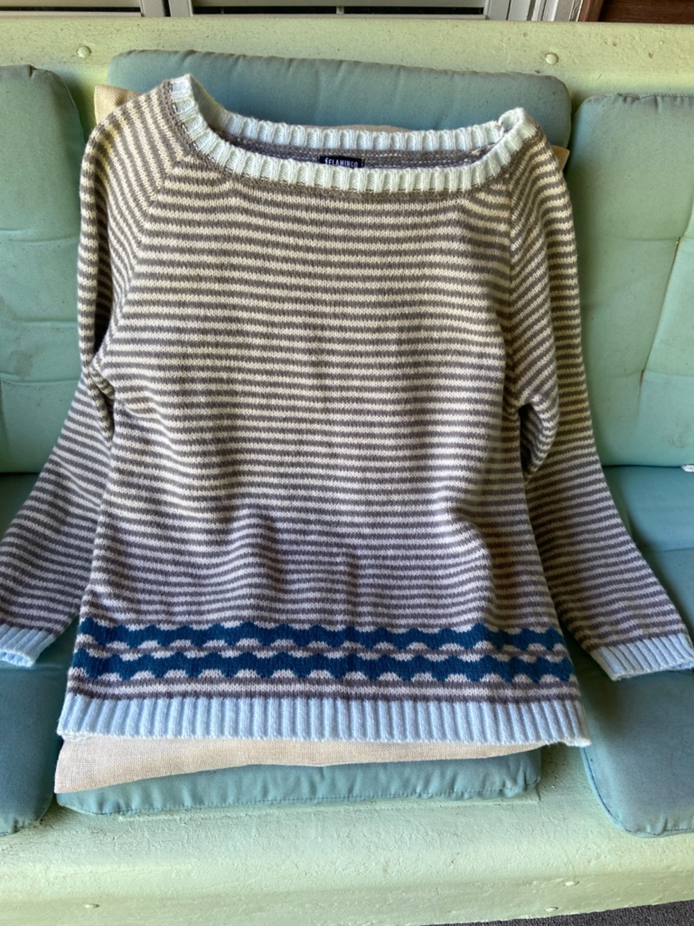 Flamingo Striped Boatneck Sweater in Ivory, Taupe & Teal Accent